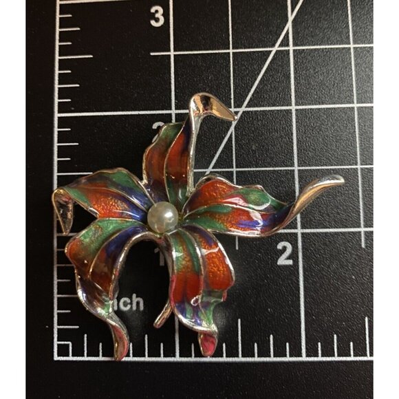 Vtg Brooch Marbled Red Blue Green Multicolor Enamel Silver Tone Flower 2.25" - Picture 6 of 7